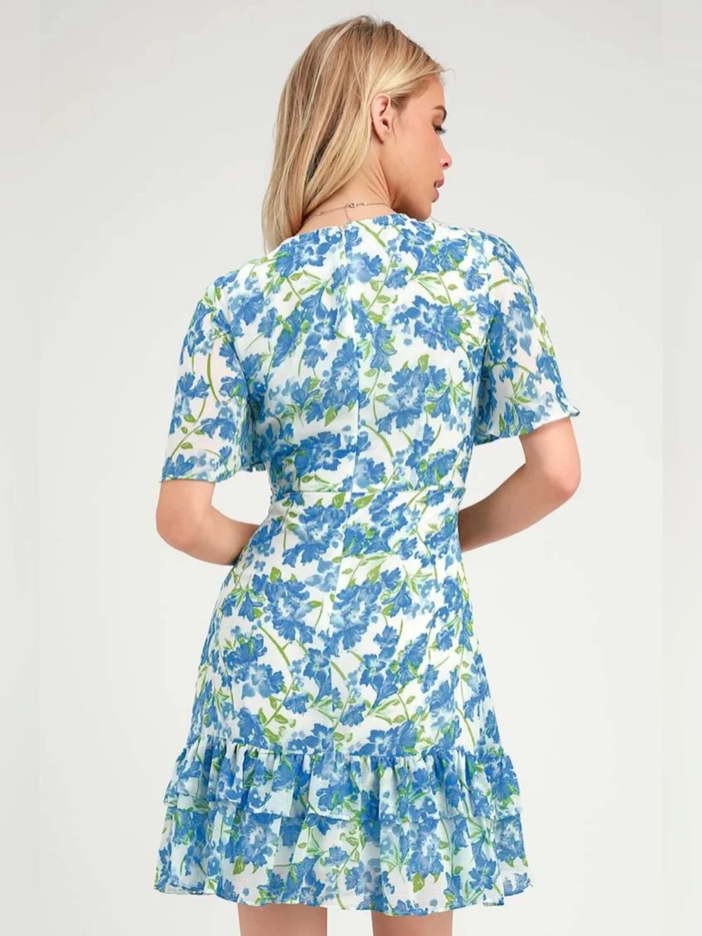 Lulus Glorious White and Light Blue Floral Print Ruffled Mini Dress 💐🩵🌿 - Picture 3 of 11